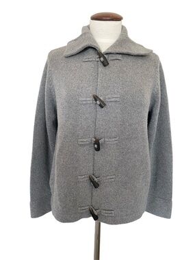 Talbots Toggle Sweater Cardigan Italian Yarn Wool Blend Gray Pockets Collared M